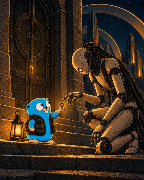 On a stone stair before a heavy iron-bound door, the Gopher holds out one small brass key on its open palm, and the kneeling Ghost, a stone android, reaches for it carefully with two fingers by lantern light.