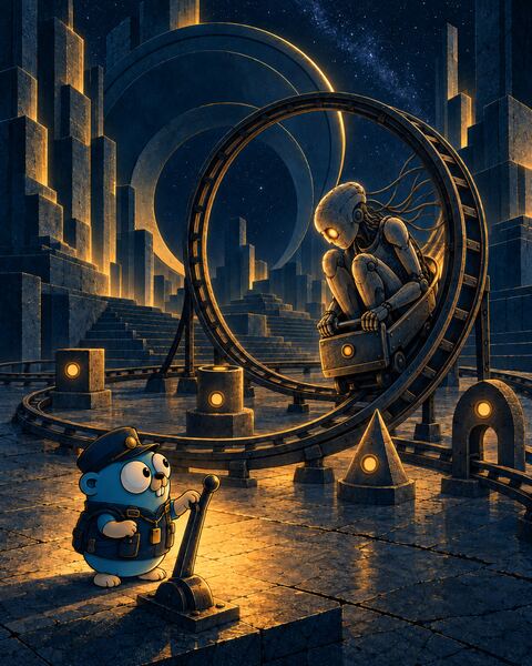The Gopher as a conductor in a cap, one hand on a tall lever, watches the Ghost, a stone android, ride a loop-the-loop in a car far too small for it, past four stations: a box, a cylinder, a cone, and an arch.