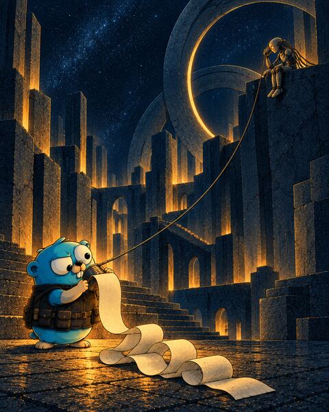 The Gopher talks into a tin can whose string arcs up to the Ghost, a stone android, small on a high terrace with the other can to its head, while a long blank receipt curls out of the Gopher's can across the floor.