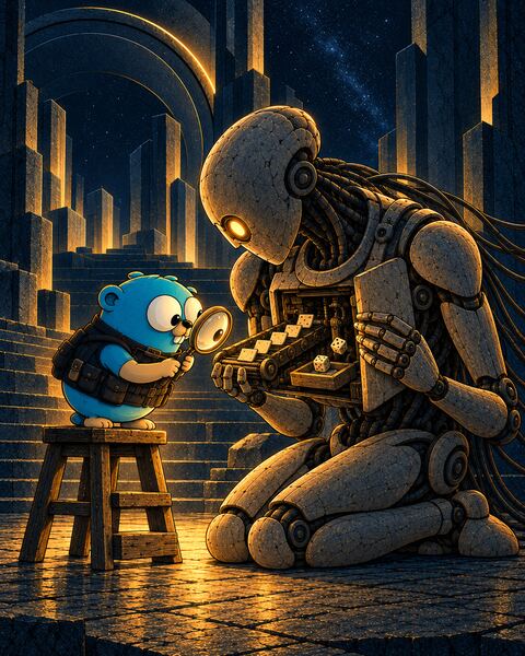 The kneeling Ghost, a stone android, holds open a door in its chest while the Gopher, on a stepstool, looks in through a magnifying glass at a tiny conveyor of blank tiles running toward a tray where two dice tumble.