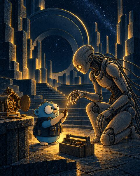 The Gopher holds up a small screwdriver to the kneeling Ghost, a stone android, whose long fingers reach to take its first tool, beside an open toolbox and a table clock opened to show its gears.