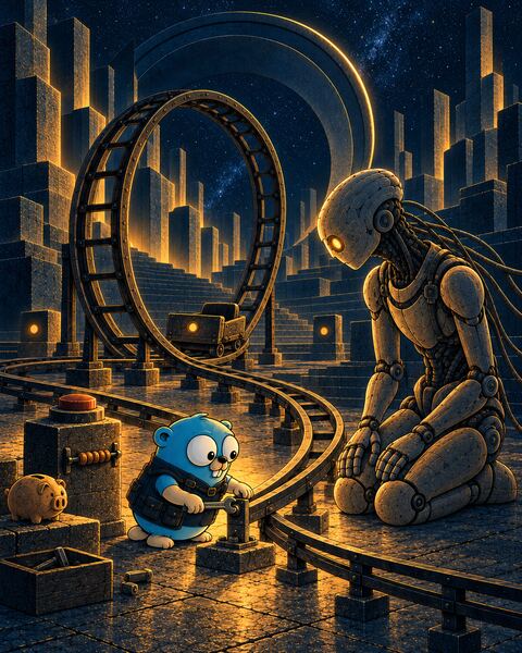 The Gopher bolts a guardrail onto a loop track beside a stone post with a red stop button and a bead lap counter, a piggy bank nearby, while the Ghost, a stone android, kneels and watches the empty ride car.