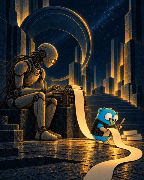 The Ghost, a stone android, types at a small iron teleprinter while a long blank paper strip streams out across the floor, and the Gopher walks beside it reading as it comes, scissors in hand.