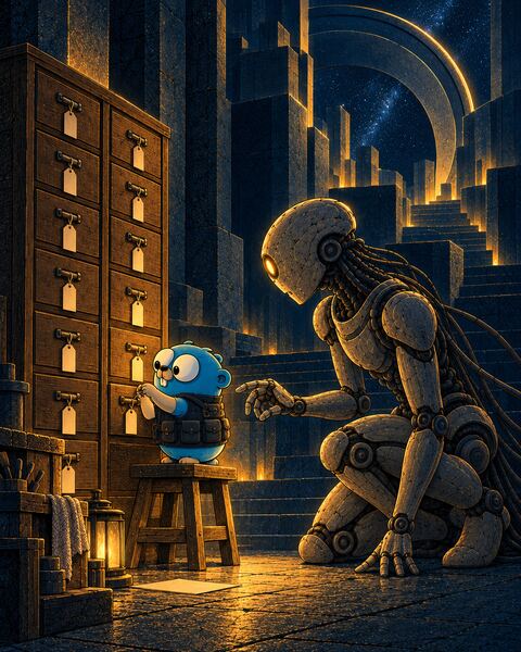 On a stool beside a tall cabinet of tagged drawers, the Gopher ties a blank tag onto a drawer while the kneeling Ghost, a stone android, reaches toward it and waits.