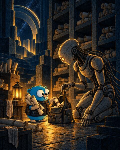 In front of a tall shelf of scrolls, the Gopher, an armful of long scrolls in hand, slides one short tied scroll into a small backpack that the kneeling Ghost, a stone android, holds open.
