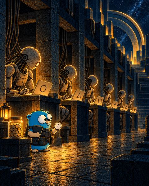 Six copies of the Ghost, a stone android, work at desks in a row of stone alcoves, each on a folder marked with a different shape, while the Gopher holds up a stopwatch beside one shared jar of coins.