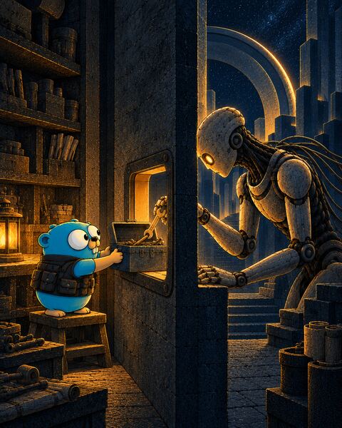 A solid stone wall separates two rooms; the Gopher slides an open toolbox into a window through the wall, and on the other side the Ghost, a stone android, reaches in and lifts out a wrench.