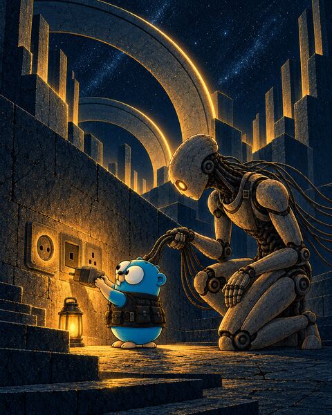 The Gopher fits an adapter on the plug at the end of the Ghost's gathered cables, toward one of three differently shaped sockets in a stone wall, while the Ghost, a stone android, kneels and holds the cables.