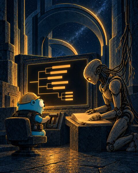 In a stone control room, the Gopher in a hard hat sits by a breaker switch watching a trace of amber bars on a large screen, while the Ghost, a stone android, works at a bench beside it, one of its cables frayed.