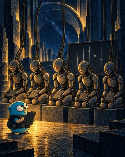 Five identical copies of the Ghost, a stone android, kneel on stone plinths with the same folder, their eyes slightly different in brightness, while the Gopher judges with a clipboard in front of a chalkboard of five overlapping error bars.