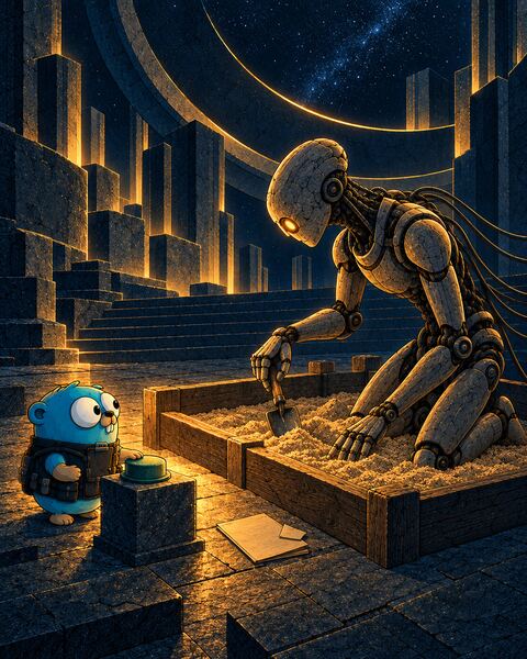 The Ghost, a stone android, kneels in a walled sandbox digging with a small shovel, ignoring a crash report with a folded note tucked into it outside the wall, while the Gopher rests a hand on a green approval button without pressing it.