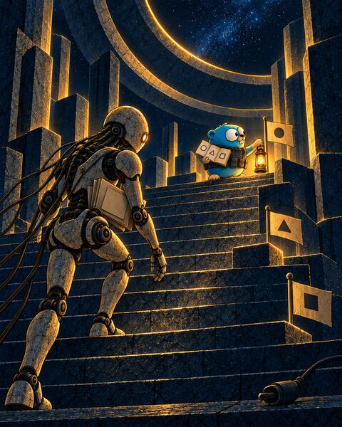 The Gopher, lantern in hand, plants flags marked with a circle, a triangle, and a square on the landings of a long stair, holding a book stamped with the same shapes, while the Ghost, a stone android, climbs below with an armful of folders and an unplugged cord lies on the bottom step.