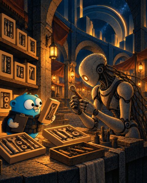 In a lantern-lit market arcade, the Gopher studies a boxed kit beside open trays of neatly packed parts, while the Ghost, a stone android, turns over a well-made wrench from one of the kits.