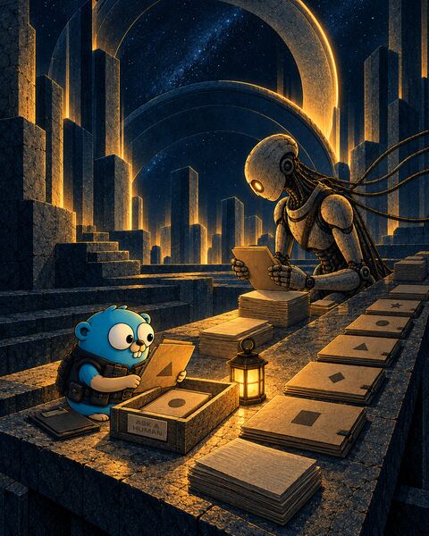 Under great stone rings, the Ghost, a stone android, sorts crash reports into folders marked with simple shapes along a long stone table, while the Gopher checks a small tray set aside, labeled Ask a human.