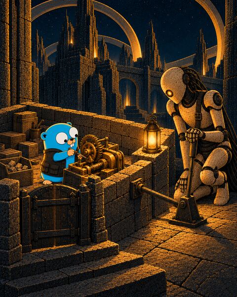 Inside a low walled stone courtyard with one gate, the Gopher tends a brass clockwork machine, while outside the wall the kneeling Ghost, a stone android, rests a hand on an iron stop lever whose rod runs through the wall to the machine.