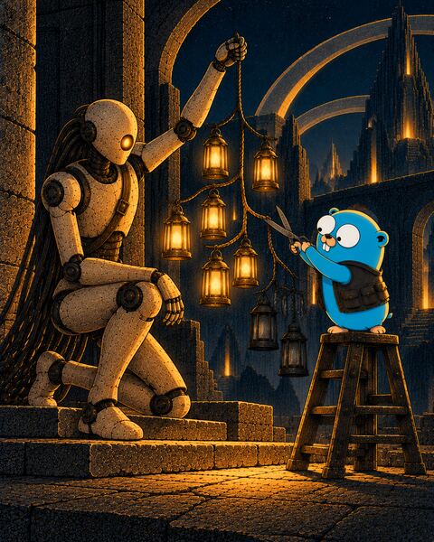The kneeling Ghost, a stone android, holds up a branching rope hung with lit lanterns while the Gopher, on a stool, snips one branch with shears, and the lanterns hanging below the cut go dark.