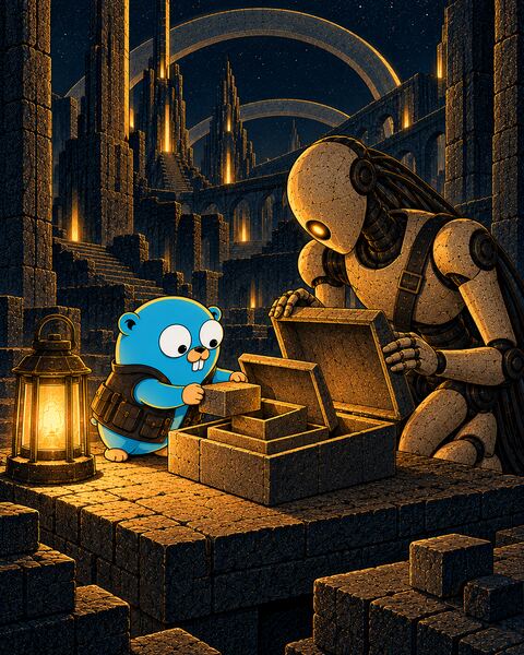 By lantern light, the Gopher lifts a small stone block out of a set of nested stone boxes, each inside the next, while the Ghost, a stone android, holds the outer lid open.