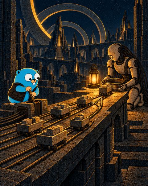 On a stone viaduct, the Gopher works a lever that sends small carts of stone down parallel rails, and the rails merge into one track where the kneeling Ghost, a stone android, gathers each load into a basket by lantern light.