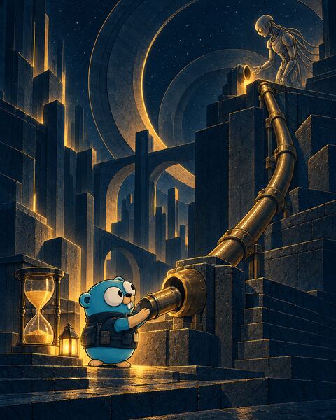 Beside an hourglass and a lantern, the Gopher speaks into the mouth of a long brass speaking tube that climbs the stone terraces to where the Ghost, a stone android, waits at its far end.