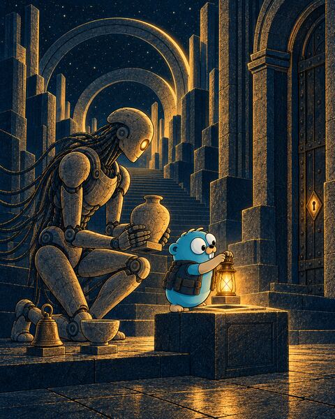 By lantern light, the Gopher sets a brass lantern on a square stone foot into the square socket of a stone pedestal, while the Ghost, a stone android, kneels holding a clay jug on the same square foot, and a bell and a bowl on the same foot wait on the step.
