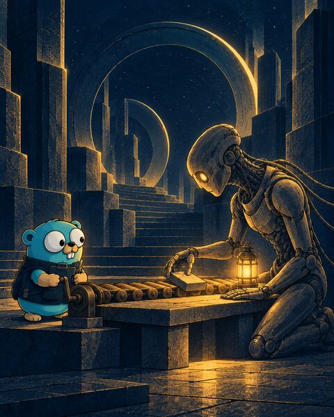 The Gopher turns the crank of a stone roller conveyor that brings one block at a time to the kneeling Ghost, a stone android, who lifts each block off by lantern light.