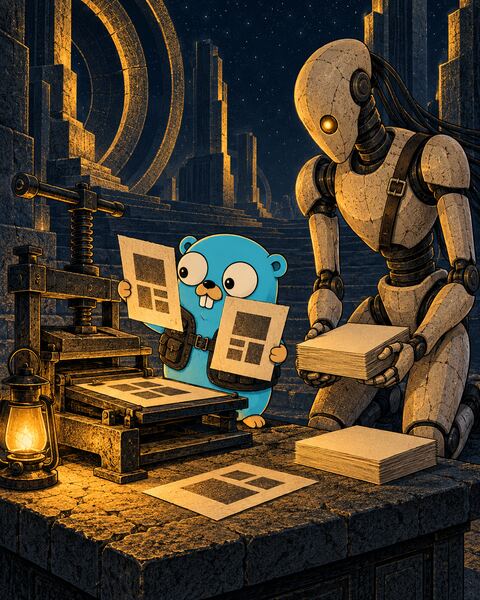 Beside an iron printing press by lantern light, the Gopher holds up two freshly printed sheets with the same block layout while the Ghost, a stone android, carries a neat stack of blank sheets.