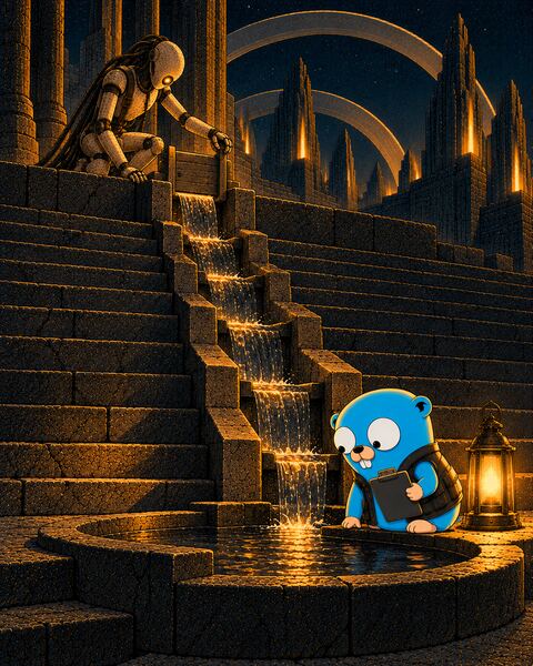 At the top of a long stone stair, the kneeling Ghost, a stone android, lifts a small wooden sluice gate, and a thin stream of water runs down a stepped channel to a round basin, where the Gopher watches the first of it arrive by lantern light.