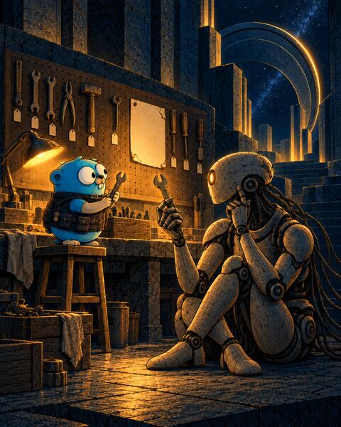 In a workshop under a lamp, the Gopher on a stool holds up a wrench, while the Ghost, a stone android, sits on the floor with a wrench from the pegboard, a finger to its head, studying a blank crash report pinned among the tools.